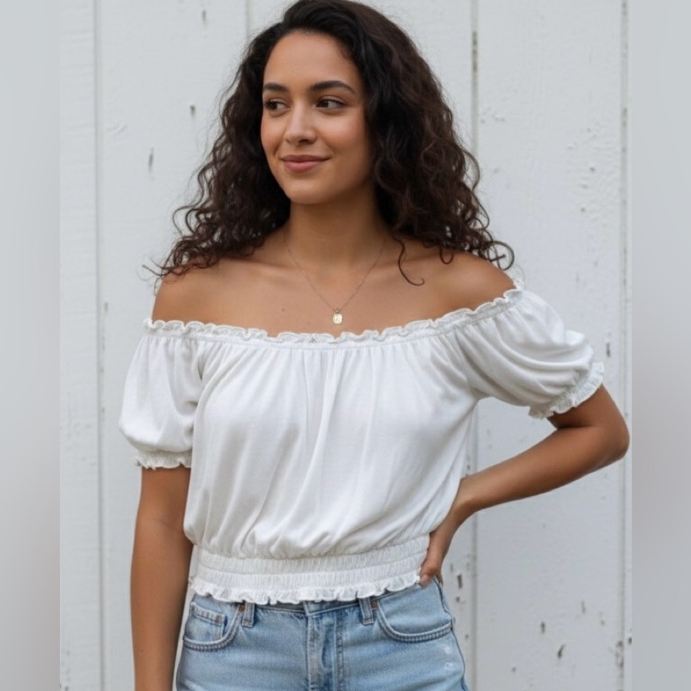 Reformation Off White/Cream Tencel Off-The-Shoulder Cropped Smocked Peasant TopS